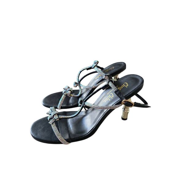 Chase & Chloe Sandals Rhinestone Ankle Strap in Black Gold Heel - Picture 4 of 9